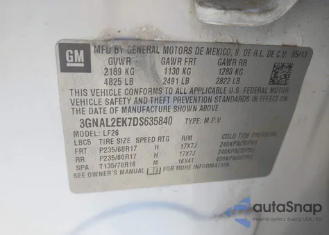 2013 Chevrolet Captiva Sport 2Ls z USA, uszkodzony, nr VIN 3GNAL2EK7DS635840